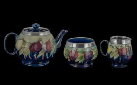 William Moorcroft 1920's Signed 3 Piece Sterling Silver Banded Teaset ( Matched Wisteria ' Plums '
