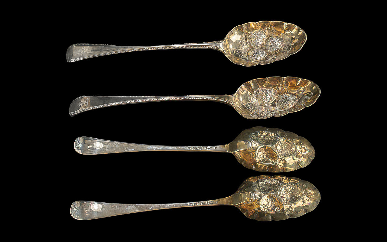 Victorian Pair of Sterling Silver Fruits - Preserves Spoons, Gilt Bowl. Hallmark London 1881. Each