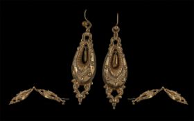 Mid Victorian Period Fine Pair of Ladies 9ct Rose Gold Ornate Drop Earrings ( Pierced ) Reg Date
