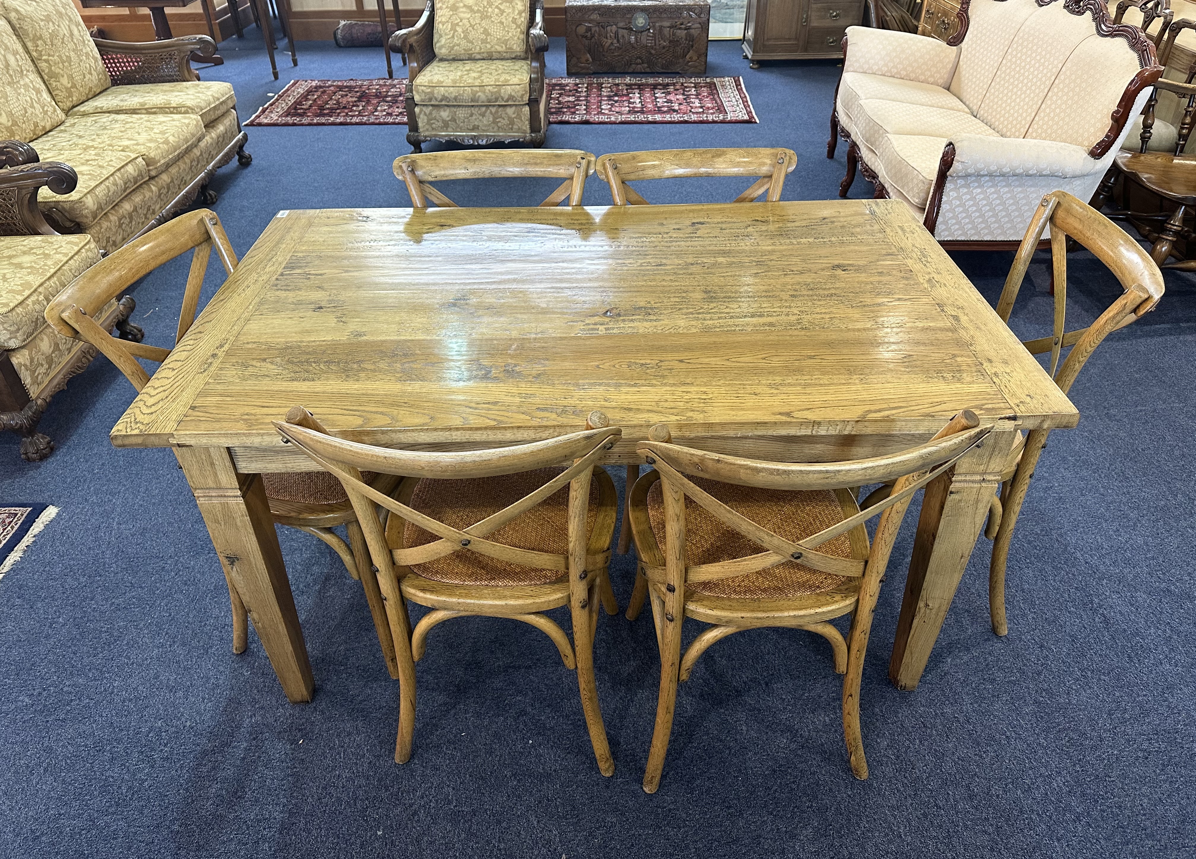 A Striped Beechwood Cottage Style Dining Table and Six Bentwood Matching Chairs