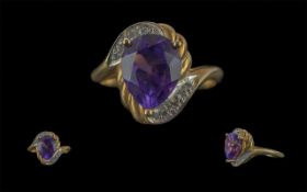 Ladies - Attractive 9ct Gold Amethyst and Diamond Set Ring. Full Hallmark to Interior of Shank.