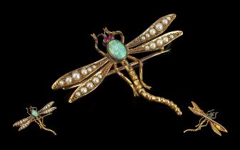 Edwardian Period 1901 - 1910 Superb 15ct Gold Dragonfly Brooch set with opals, rubies and seed