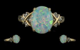 Ladies 10ct Gold Opal and Diamond Set Ring, marked 10ct to shank, the centre opal with diamond set