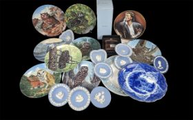 Box of Collectibles to include a collection of wall plates depicting owls, 40 years of Cliff