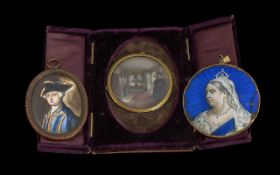 Three Portrait Miniatures, comprising gold mounted Queen Victoria with enamelling, some slight