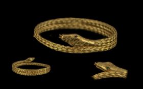 Large and Impressive Mid 20th Century 9ct Gold Basket Weave Design Snake Bangle with fangs at the