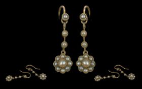 Victorian Period Attractive Pair of 15ct Gold Seed Pearl Drop Earrings of pleasing proportions,