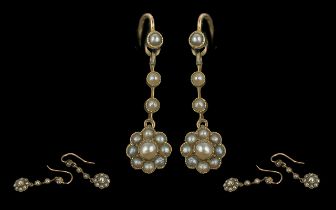 Victorian Period Attractive Pair of 15ct Gold Seed Pearl Drop Earrings of pleasing proportions,