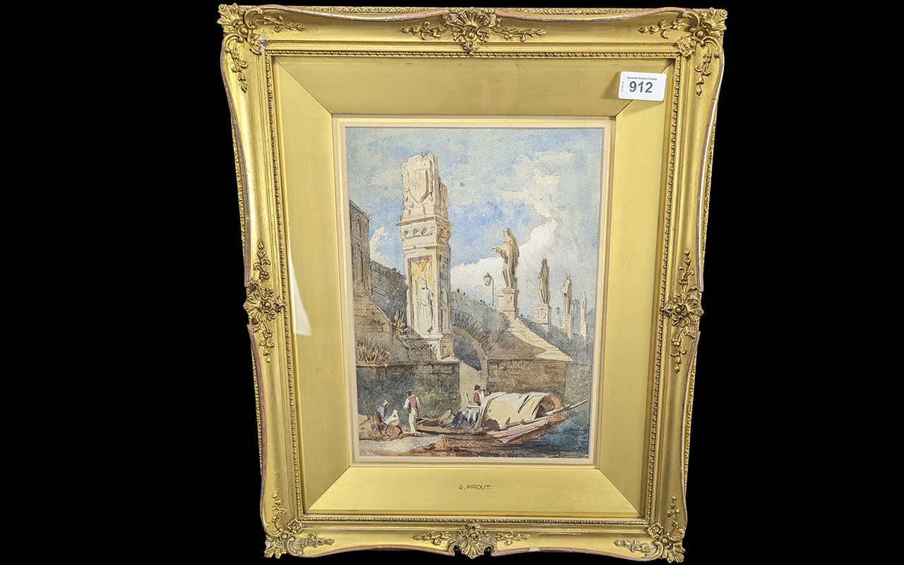 Samuel Prout (1783-1852) Watercolour depicting statues with a boat and figures in the foreground.