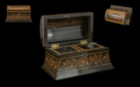 A Tunbridgeware 19th Century Tea Caddy, opening to reveal two covered lids, the top decorated with a