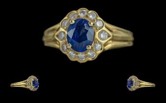 Ladies Excellent 18ct Gold Sapphire and Diamond Set Cluster Ring. Flower head Setting. Marked 18ct
