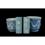Two Wedgwood Blue Jasper Planters, classical pattern, measure 6'' and 5'' high, together with two