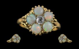 Antique Period Pleasing Quality Ladies 18ct Gold Opal and Diamond Set Ring, flower head design,