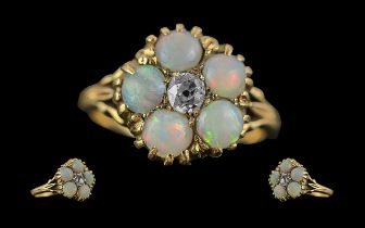 Antique Period Pleasing Quality Ladies 18ct Gold Opal and Diamond Set Ring, flower head design,