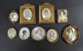 Collection of Portrait Miniatures, mid-20th century, framed, one tortoiseshell, nine in total,