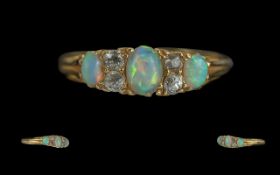 Antique Period Petite and Attractive 18ct Gold Opal and Diamond Set Ring, Gallery Setting. Full