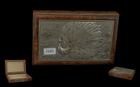 Jewellery Box with a Silver Plaque Lid, signed Alliani, depicting a peacock in a garden. Alliani
