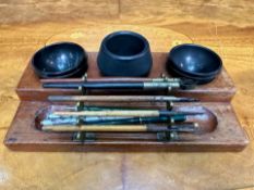 Antique Desk Ink Well & Pen Holder/Desk Tidy, set in wooden base, with three receptacles for ink,
