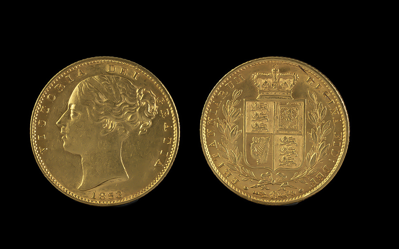 Queen Victoria 22ct Gold Shield Back Young Head Full Sovereign, date 1853. Lightly toned, about Very