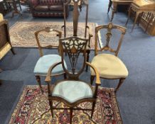 A Collection of Four Late 19thC - Early 20thC chairs, to include, three inlaid salon chairs, and a