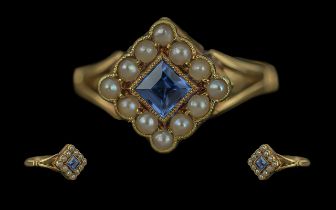 Victorian Period Attractive and Superb Quality Petite Ladies Sapphire and Pearl Set Ring, marked