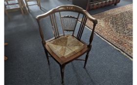 Edwardian Inlaid Oak Corner Chair, spindle back, cross stretchers, turned legs, height 28'', depth