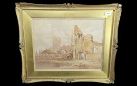 Samuel Prout (1783-1852) Watercolour depicting a church and ruins, with a cottage in the background.