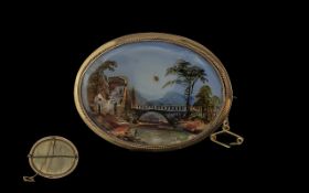 Large and Impressive 9ct Gold Mounted Brooch with hand painted night scene of a flowing river with a