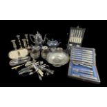 Box of Assorted Silver Plated Ware, including tea pot, boxed cutlery, coffee pot, candlesticks,