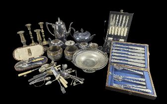 Box of Assorted Silver Plated Ware, including tea pot, boxed cutlery, coffee pot, candlesticks,