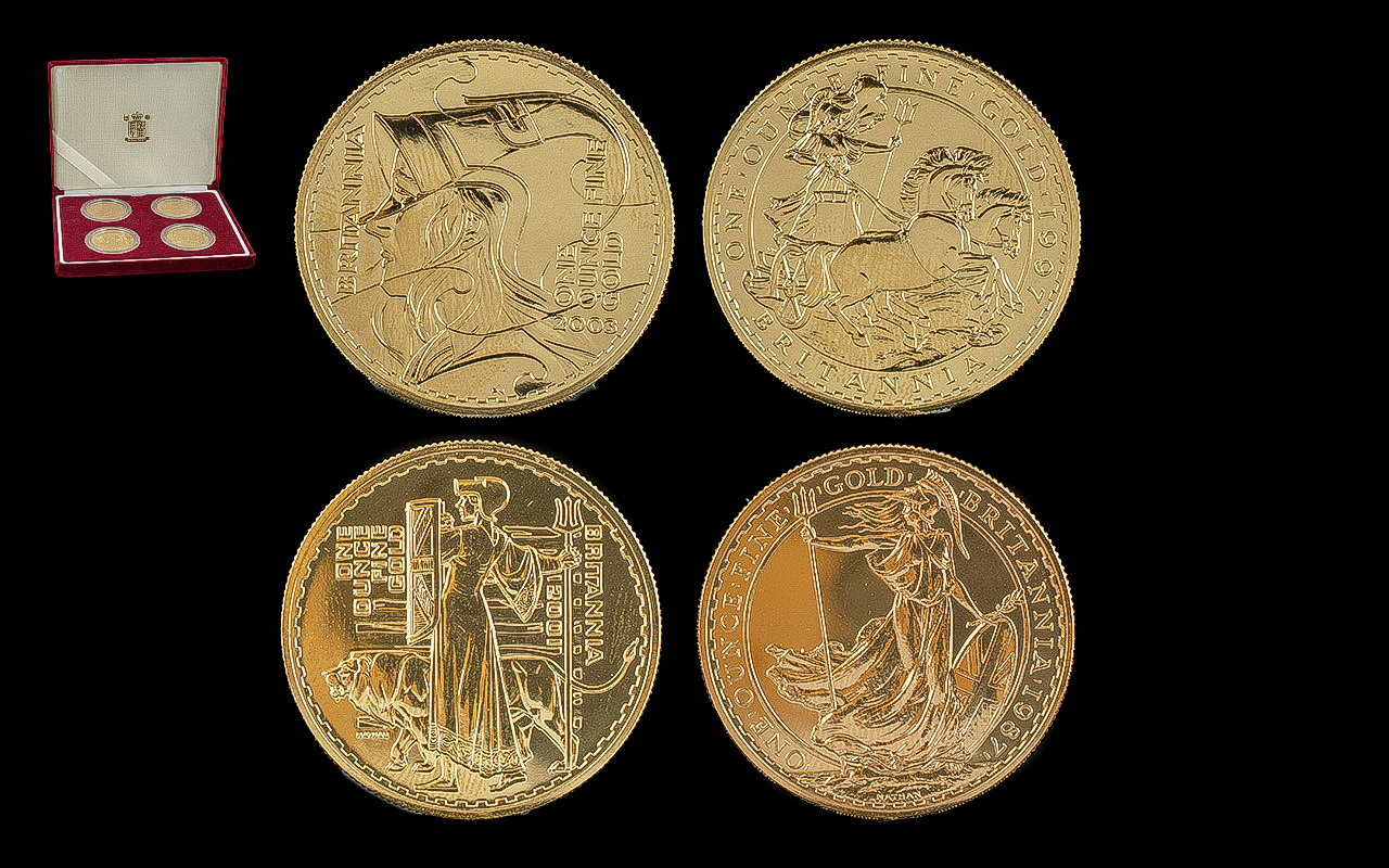 Royal Mint Britannia Design 1oz Gold Bullion Four Coin Set, dates 1997, 2001, 1987 and 2003,