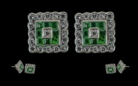 Ladies Fine Pair of 18ct White Gold Diamond and Emerald Set Earrings of square form, marked 750 -