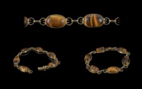 Vintage 9ct Gold Fine Tigers Eye Stone Set Bracelet, Marked 9ct. Length 7.5 Inches - 18,75 cms.
