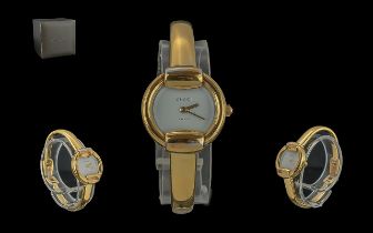 Gucci Ladies Gold Plated Fashion Watch, Quartz Movement. Ref 1400L. With Box, Booklets. Working at