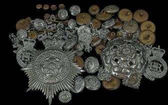 Box of Police Badges & Buttons, including Greater Manchester Police and Lancashire Constabulary.