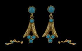 Antique Period Ladies 18ct Gold Pair of Turquoise Set Earrings. Tests 18ct. Pleasing Design /