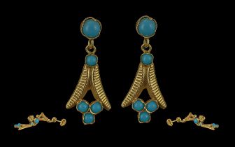 Antique Period Ladies 18ct Gold Pair of Turquoise Set Earrings. Tests 18ct. Pleasing Design /