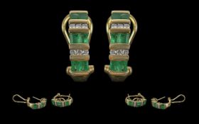 Ladies - Excellent Quality 14ct Gold Pair of Earrings Set with Emeralds and Diamonds In a Semi-