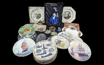 Collection of Pottery & Glass, including assorted cabinet plates depicting birds, flowers, ships,