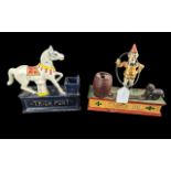 Two Vintage Cast Iron Money Boxes, one in the form of a carousel horse 'Trick Pony' and one in the