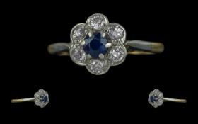 18ct Gold and Platinum Attractive Diamond and Sapphire Set Cluster Ring, flower head design,