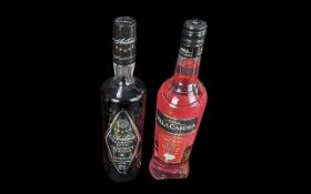 Two Bottles of Sambuca, one raspberry and one liquorice, together with ten miniature bottles of