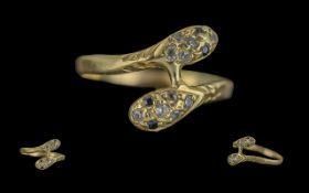 Antique Period - Pleasing 18ct Gold Double Headed Snake Ring. Set with Diamonds and Sapphires,