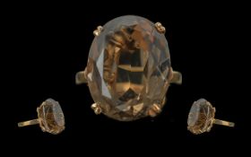 9ct Gold Vintage Smoky Topaz Set Statement Ring. Marked 9ct Gold to Shank. The Large Smoky Topaz