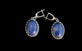 Silver Oval Lapis Lazuli Drop Earrings, for pierced ears.