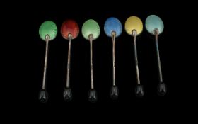A Fine Quality Boxed Set of Six Sterling Silver and Enamel Harlequin Coffee Spoons. c.1930. All