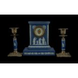 Wedgwood Dark Blue Jasper Mantle Clock, traditional figure design, white face with gilt centre,