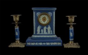 Wedgwood Dark Blue Jasper Mantle Clock, traditional figure design, white face with gilt centre,