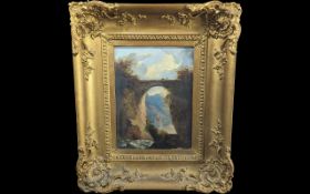 19th Century Large Oil on Panel, depicting a mountain scene with a castle, framed and glazed in an