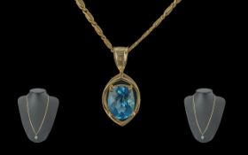 Ladies 14ct Gold Blue Topaz Set Pendant, Marked 14ct. With Attached Excellent Designed 9ct Gold Long